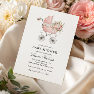 Vintage Baby Carriage Pink Floral Girl Baby Shower Invitation