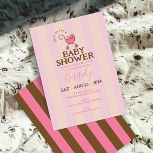 Vintage Baby Carriage Pink Striped Baby Shower Invitation