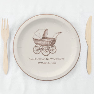 Vintage Baby Carriage Sepia Brown Pram Baby Shower Paper Plate