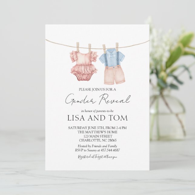 Vintage Baby Clothes Boho Gender Reveal Invitation (Standing Front)