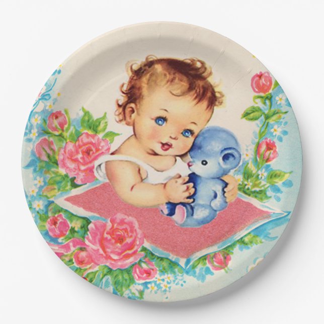 Vintage Baby Girl, baby shower Paper Plates (Front)