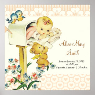 Vintage Baby Girl in Mail Box Personalised Birth Poster