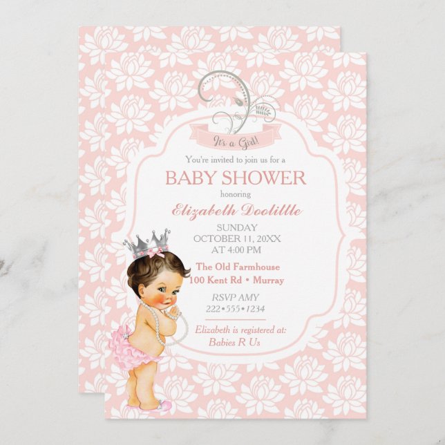 Vintage Baby Girl Pink White & Grey Invitation (Front/Back)