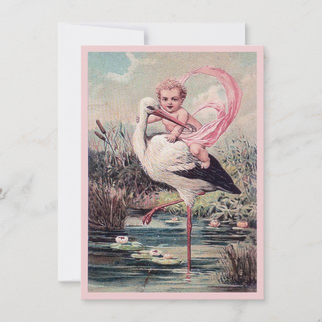 Vintage baby girl riding stork birth announcement (Front)