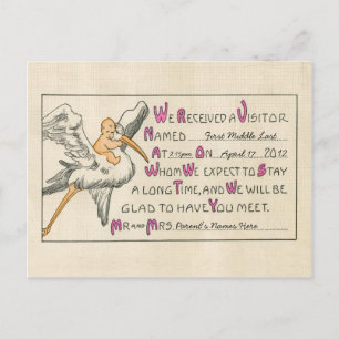 Vintage Baby Girl & Stork Birth Announcement Pink