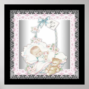 Vintage Baby Girl Teddy Bear Pink Baby Girl Poster