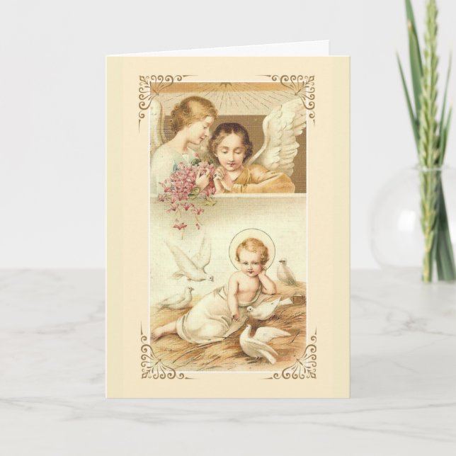 Vintage Baby Jesus Doves Angels Flowers Holiday Card (Front)