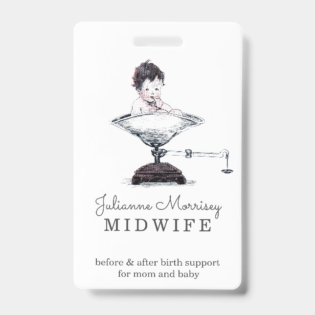 Vintage Baby On Scale Midwife Doula ID Badge (Front)