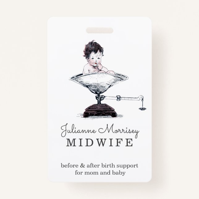 Vintage Baby On Scale Midwife Doula ID Badge (Back)