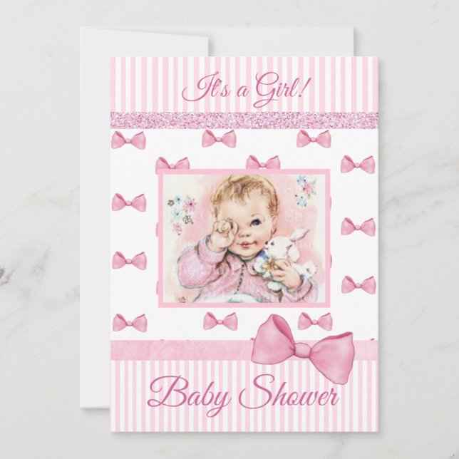 Vintage Baby Pink Bows Baby Shower Invitation (Front)