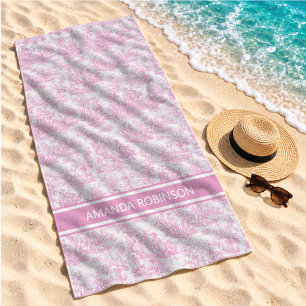 Vintage Baby Pink French Toile de Jouy Pastoral Beach Towel
