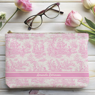 Vintage baby pink toile de jouy printed accessory pouch