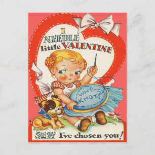 Vintage Baby & Puppy Doing Needlepoint Valentine Holiday Postcard