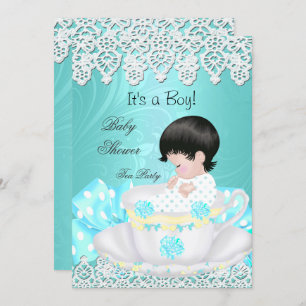 Vintage Baby Shower Boy Teal Baby Teacup lace Invitation