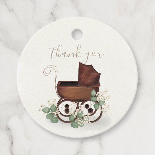 Vintage Baby Shower Eucalyptus Floral Carriage Favour Tags (Front)