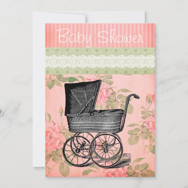 Vintage Baby Shower Invitation Carriage Floral (Front)