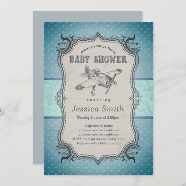 Vintage BABY SHOWER invitation - plane (Front/Back)