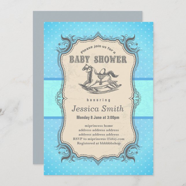 Vintage BABY SHOWER invitation - Rocking Horse (Front/Back)