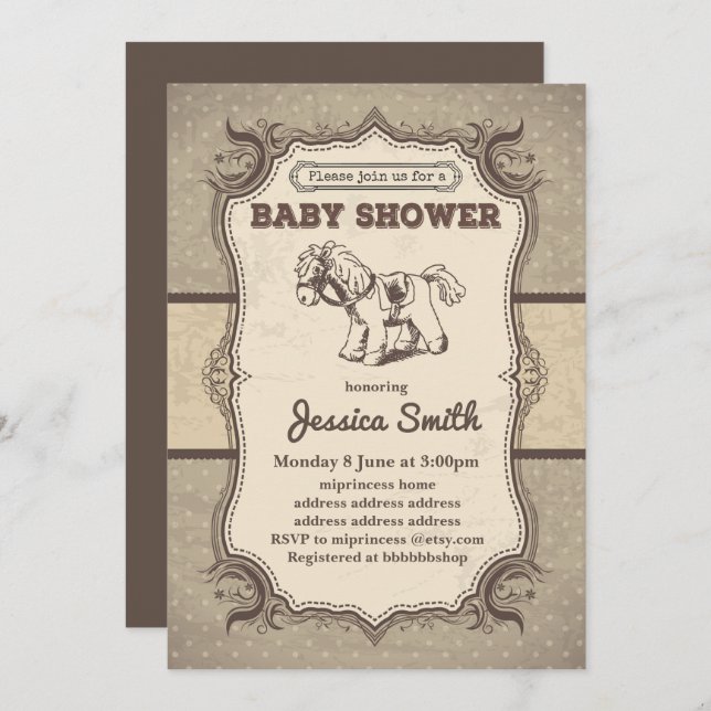 Vintage BABY SHOWER invitation - toy horse (Front/Back)
