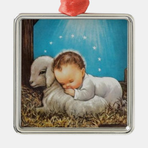 Vintage Baby Sleeping With A Lamb Metal Tree Decoration