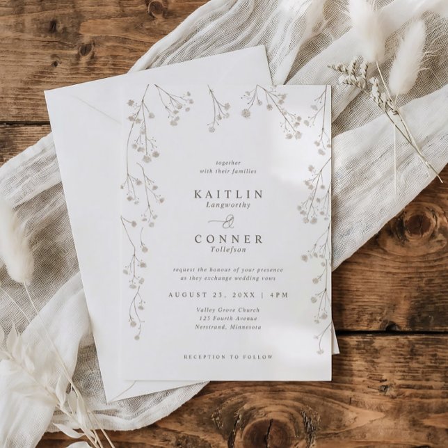 Vintage Baby's Breath Delicate Wildflower Wedding Invitation (White wedding invite with beige watercolor baby’s breath and botanical monogram wreath)