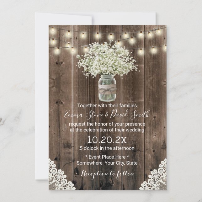 Vintage Baby's Breath Flowers Rustic Barn Wedding Invitation (Front)