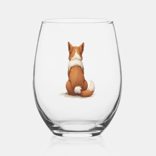 Vintage Back View Dog Illustration on White Backgr Stemless Wine Glass