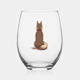 Vintage Back View Husky Dog Illustration Brown Whi Stemless Wine Glass