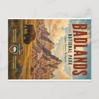 Vintage Badlands National Park Illustration with B Holiday Postcard