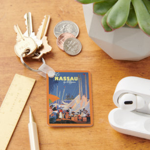 Vintage Bahamas Travel Art, Fly Nassau by Clipper  Key Ring