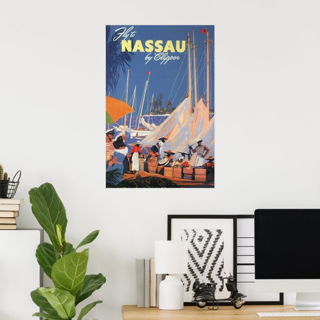 Vintage Bahamas Travel Art, Fly Nassau by Clipper  Poster (Home Office)