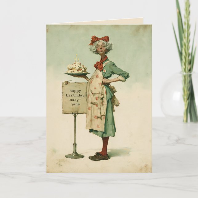 Vintage Baker with Birthday Cake Card (Front)