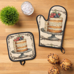 Vintage Bakery Cake Pastry Chef Baker Baking Oven Mitt & Pot Holder Set