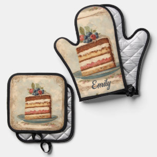 Vintage Bakery Cake Pastry Chef Baker Baking Oven Mitt & Pot Holder Set