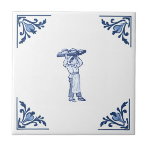 Vintage Bakery Delivery Boy Delft Blue & White Tile