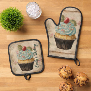 Vintage Bakery Pastry Chef Cupcake Baker Baking Oven Mitt & Pot Holder Set