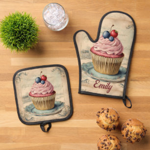 Vintage Bakery Pastry Chef Cupcake Baker Baking Oven Mitt & Pot Holder Set