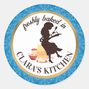 Vintage bakery woman baking flour personalised classic round sticker