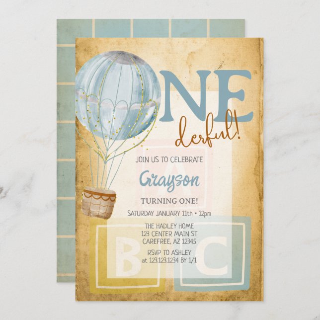 Vintage Balloon 1st Birthday Invitation (Front/Back)