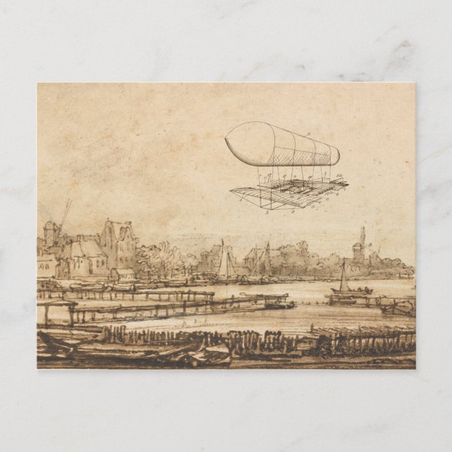 Vintage Balloon Flying Machine Art Drawing Postcard (Front)