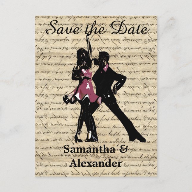 Vintage ballroom dancers save the date announcement postcard (Front)