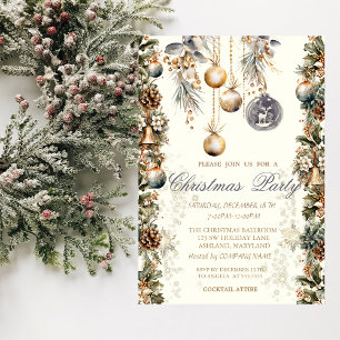 Vintage Balls Bells Pinecones Snowflakes Company Invitation
