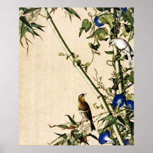 Vintage Bamboo and Blue Morning Glory Art Poster