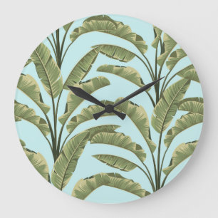 Vintage Banana Leaves: Tropical Seamless. Large Clock