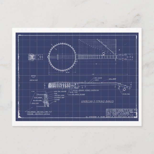 Vintage Banjo Blueprints Postcard (Front)