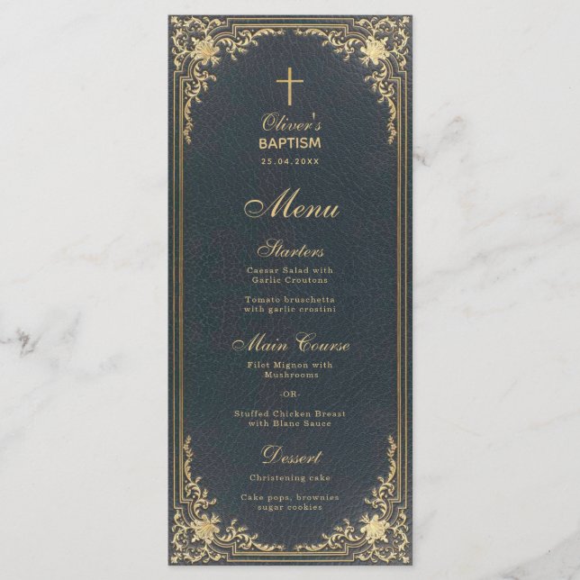 Vintage Baptism Boy Blue Gold  Elegant Calligraphy Menu (Front)