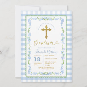 Vintage Baptism Cross Grandmillenial Blue Floral Invitation