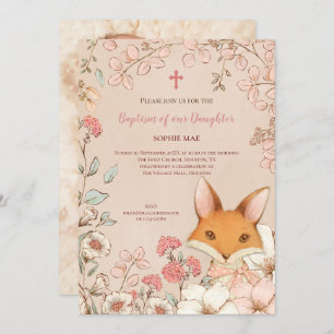 Vintage Baptism Cute Fox Photo Flowers Baby Girl Invitation