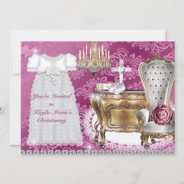 Vintage BAPTISM Invitation PINK DAMASK DESIGN (Front)