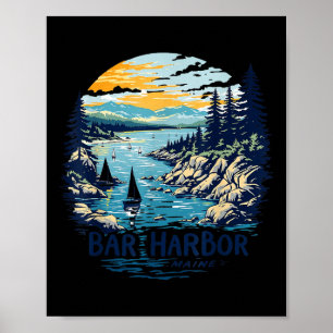 Vintage Bar Harbour Maine Sunset Coastal Cityscape Poster